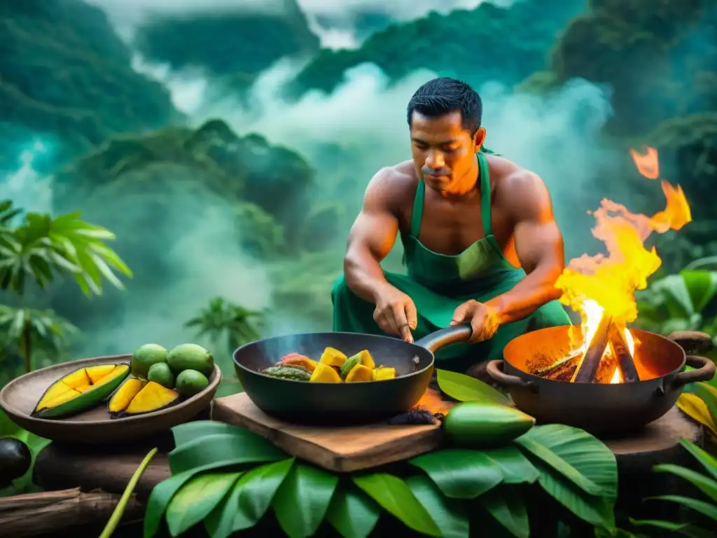 Chef indígena preparando platos amazónicos Un chef indígena preparando platos tradicionales de la gastronomía peruana en una cocina amazónica