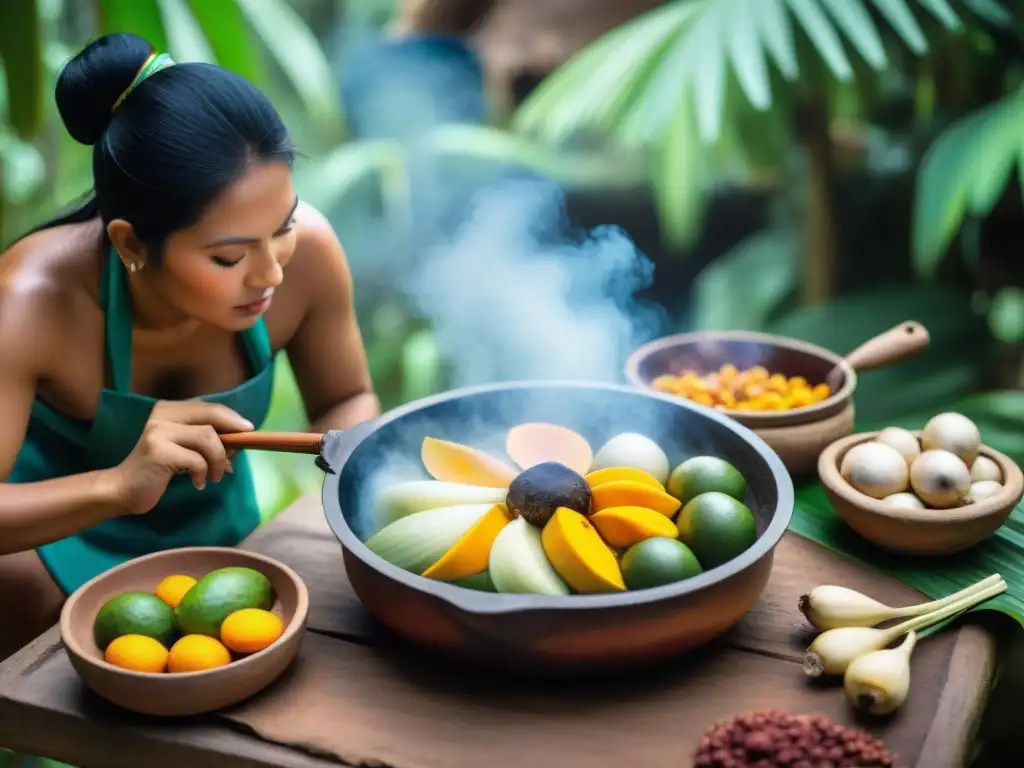 Un chef indígena prepara platos tradicionales en cocina amazónica, rodeado de ingredientes selváticos