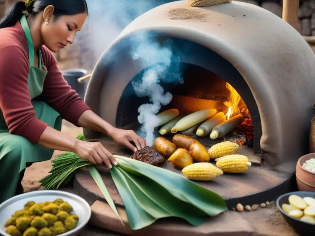 Chef indígena preparando receta tradicional Pachamanca Perú en horno subterráneo