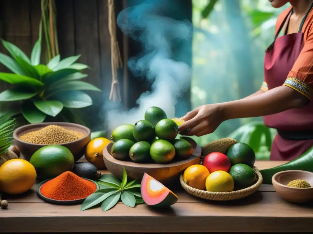 Un chef indígena preparando recetas culinarias amazónicas tradicionales con ingredientes exóticos