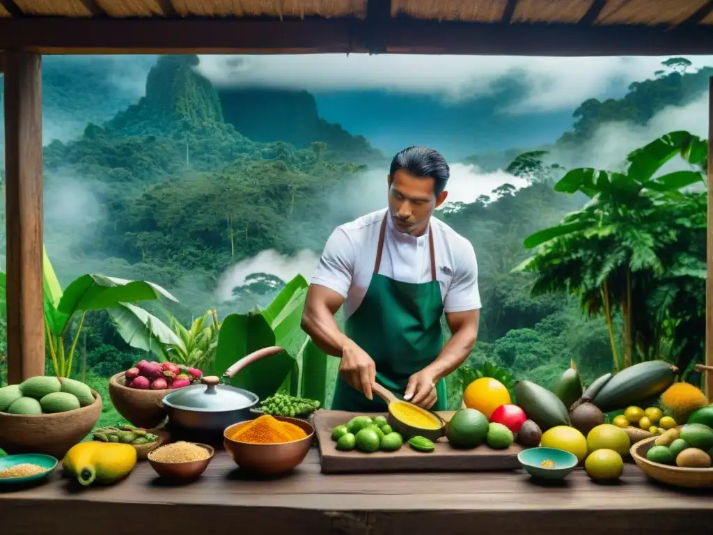 Un chef indígena prepara recetas culinarias amazónicas tradicionales con ingredientes exóticos en una cocina tradicional de la selva