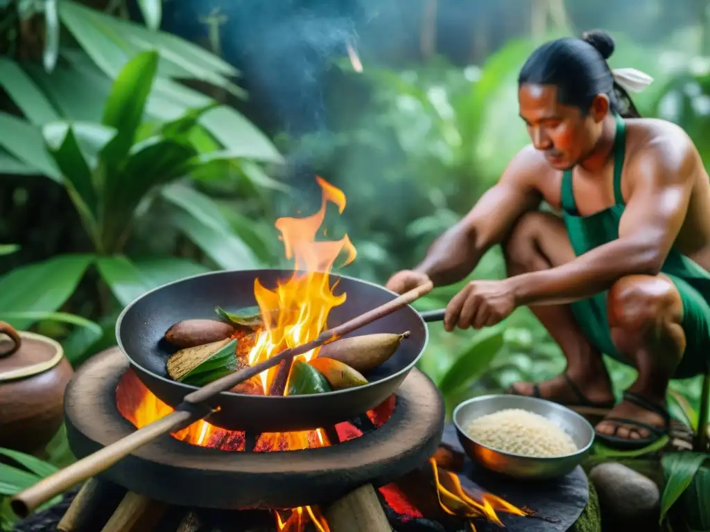 Un chef indígena preparando recetas a leña de la selva en la Amazonía, rodeado de exuberante vegetación y vida silvestre