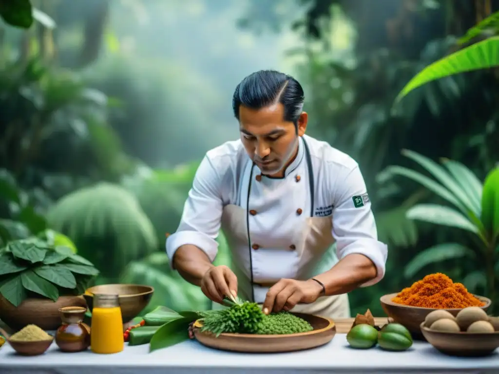 Chef indígena en la selva amazónica, preparando plato con ingredientes autóctonos gastronomía peruana