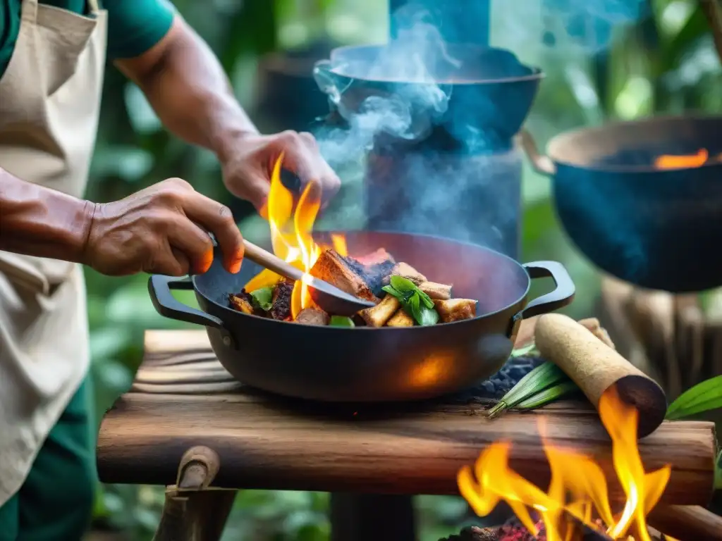 Chef indígena en la selva amazónica preparando plato tradicional sobre fuego de leña