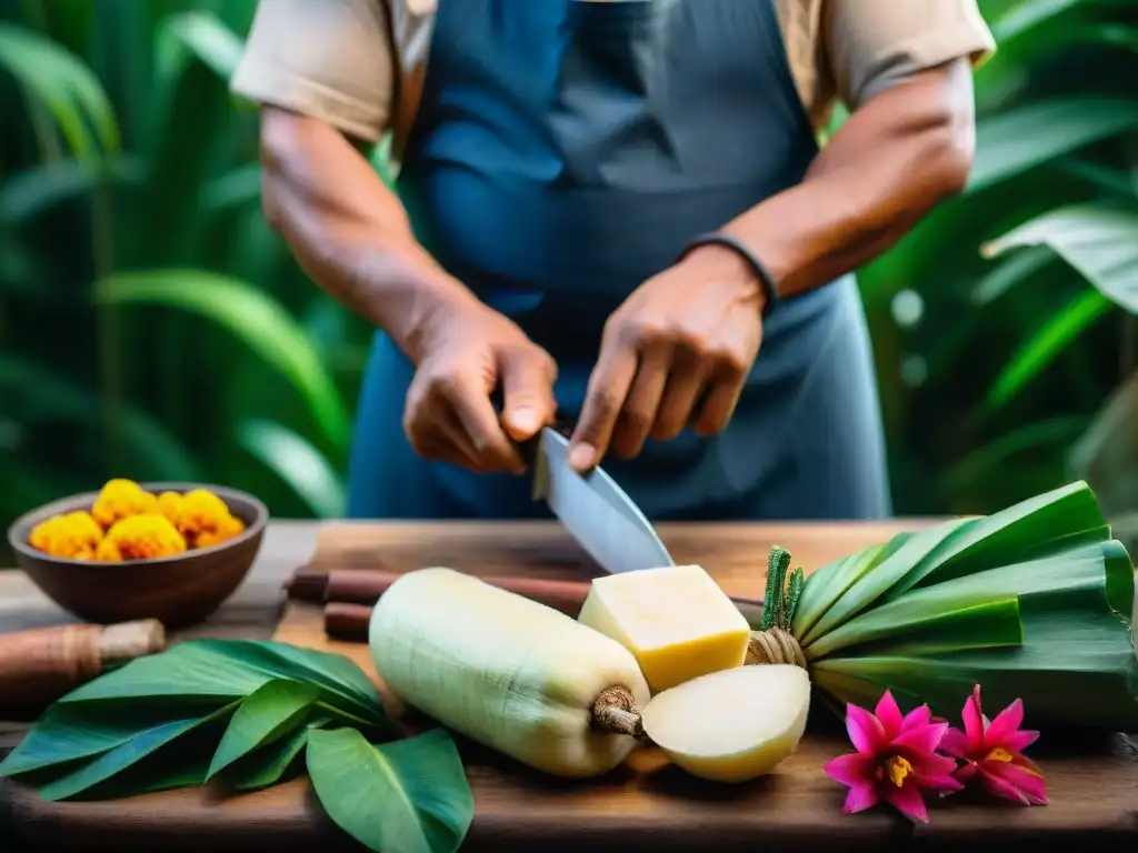 Un chef indígena en la selva amazónica pela yuca con machete, rodeado de exuberante vegetación