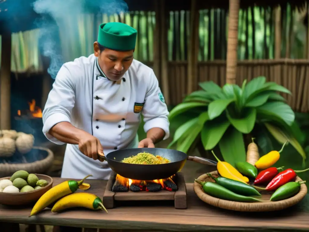 Un chef indígena en la selva peruana preparando platillos tradicionales con ingredientes exóticos, destacando la cocina auténtica de la selva peruana