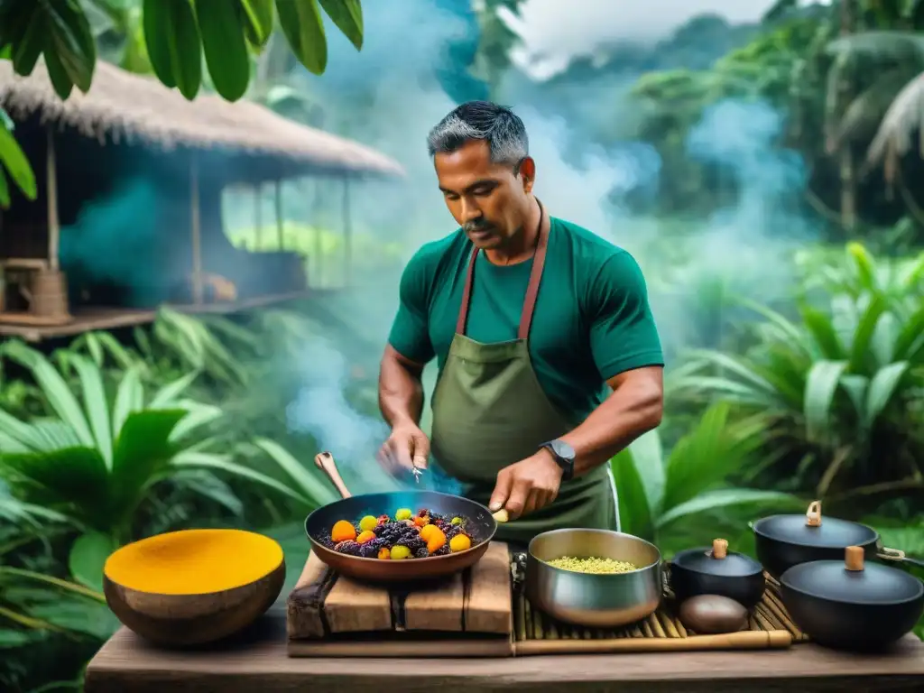 Chef indígena amazónico: cocina ancestral y exótica Un chef indígena en la selva amazónica prepara un plato con ingredientes exóticos en una cocina tradicional