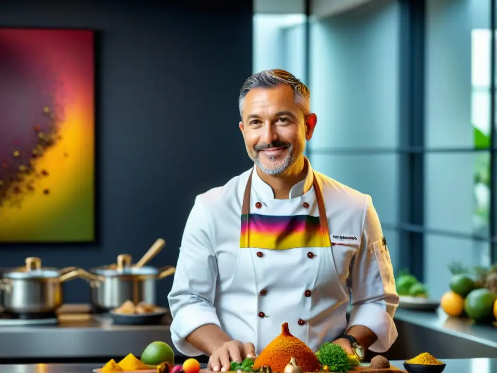 Un chef hábil fusiona ingredientes autóctonos en una cocina moderna, creando una obra culinaria franco-peruana