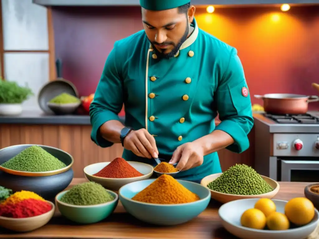 Chef en Chiclayo: Fusión culinaria con ingredientes locales y toque moderno Un chef en Chiclayo fusiona ingredientes autóctonos en una cocina tradicional, creando una escena vibrante y contemporánea
