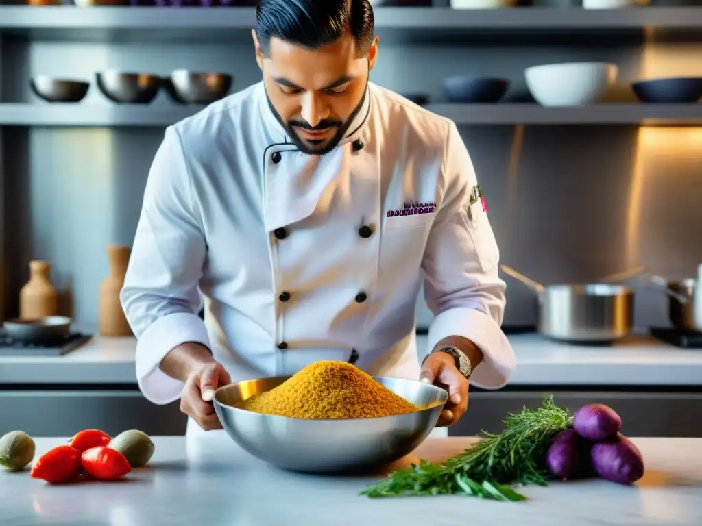 Un chef fusionando ingredientes autóctonos para crear una deliciosa fusión gastronómica ítaloperuana en una cocina moderna