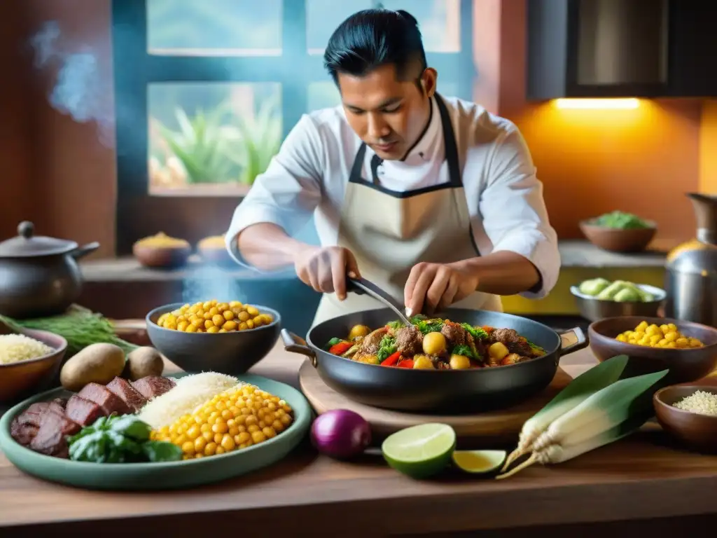 Un chef cortando ingredientes en una cocina peruana tradicional