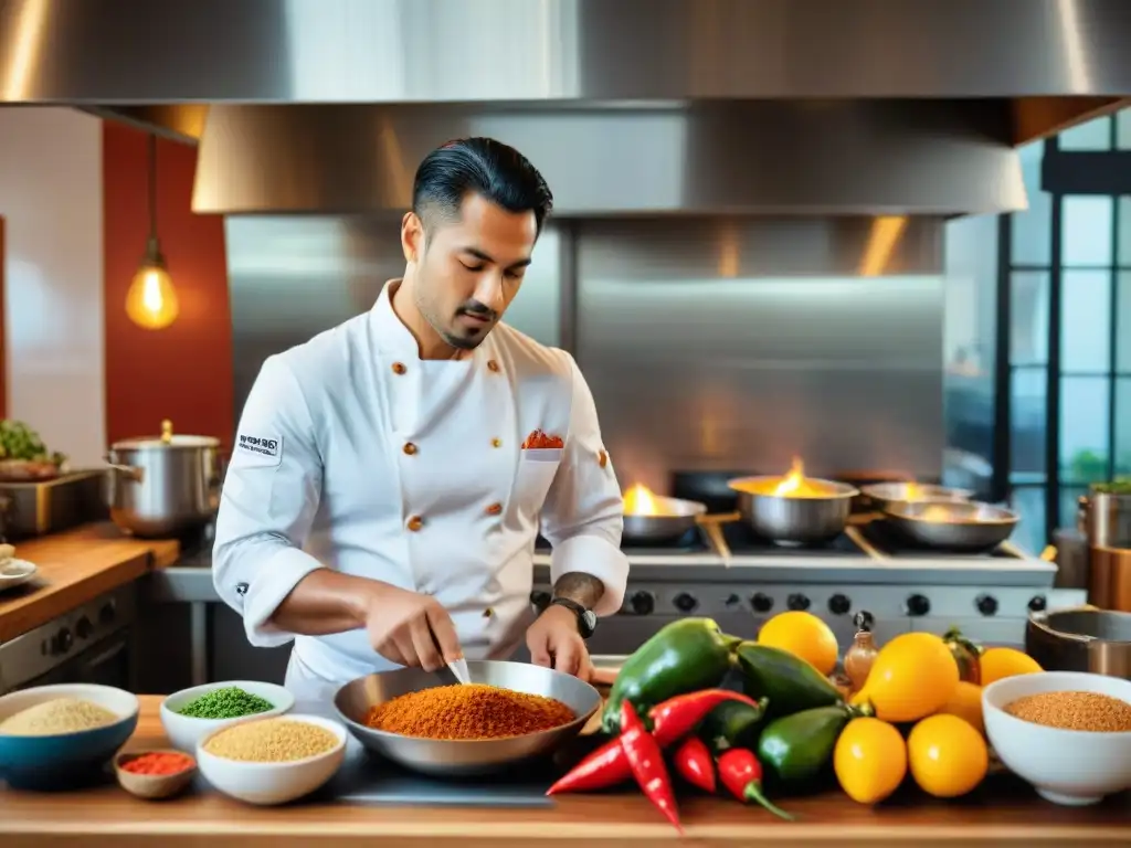 Chef fusionando ingredientes en cocina peruana auténtica