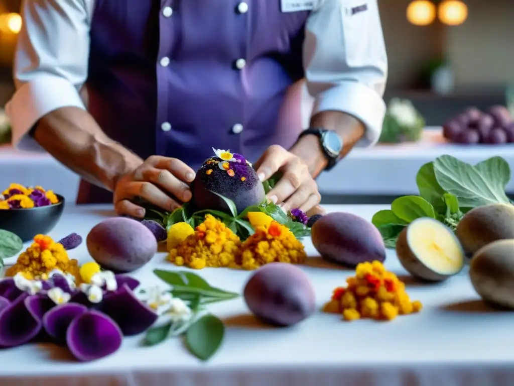 Chef colocando ingredientes inesperados en mesa de lujo en Lima