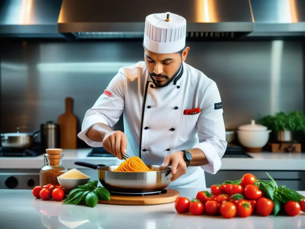 Un chef fusionando ingredientes italianos y peruanos en una cocina moderna