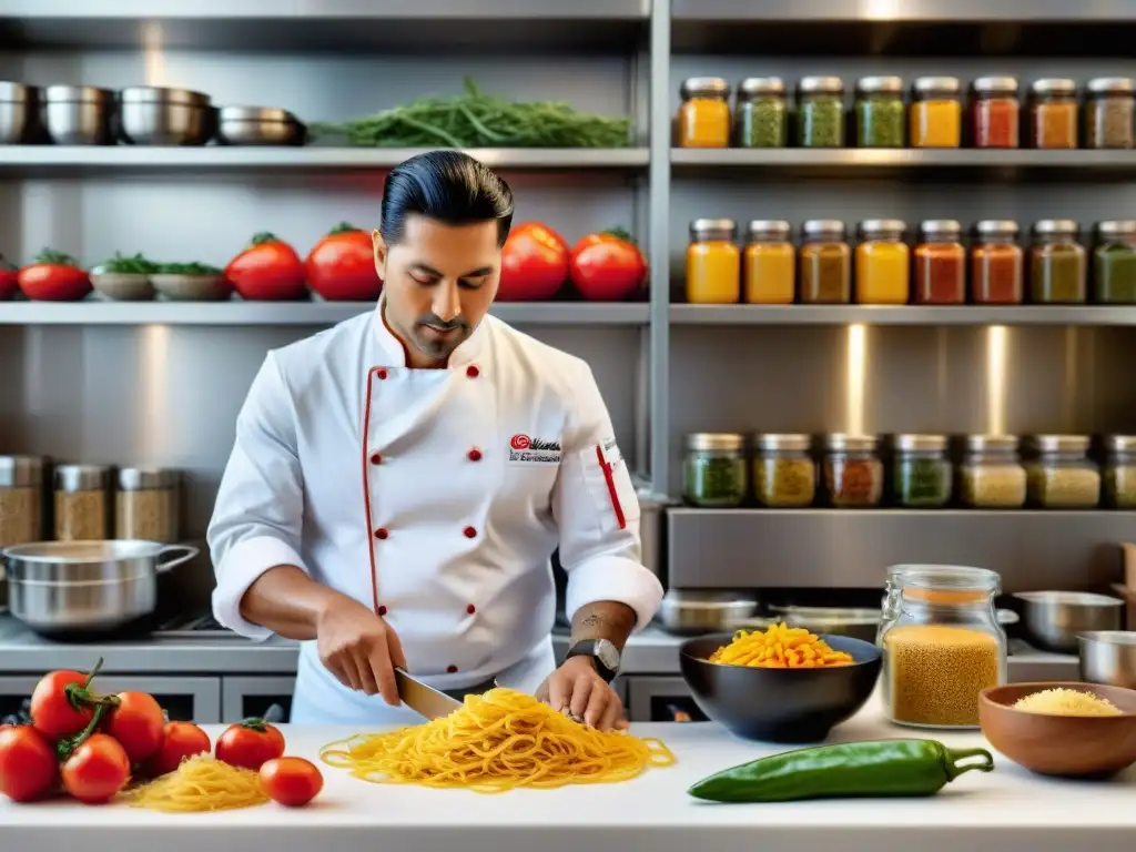 Un chef hábil fusiona ingredientes ítaloperuanos en una cocina moderna, creando una armonía culinaria