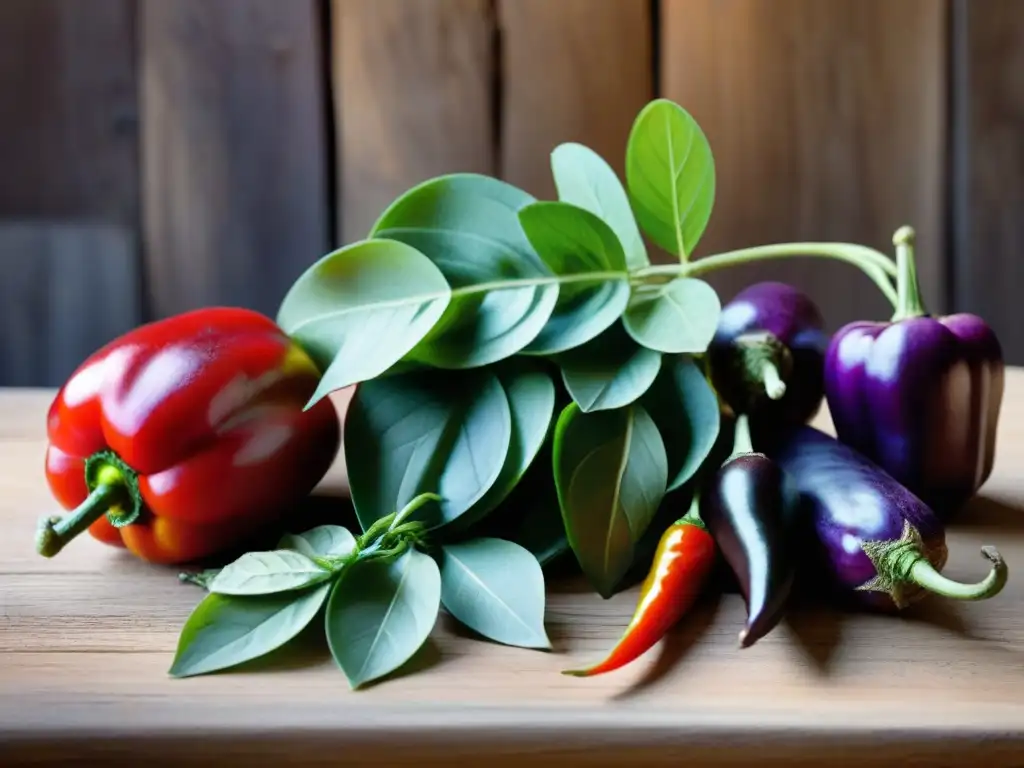 Chef valorando ingredientes locales peruanos en una composición vibrante y detallada en una mesa rústica