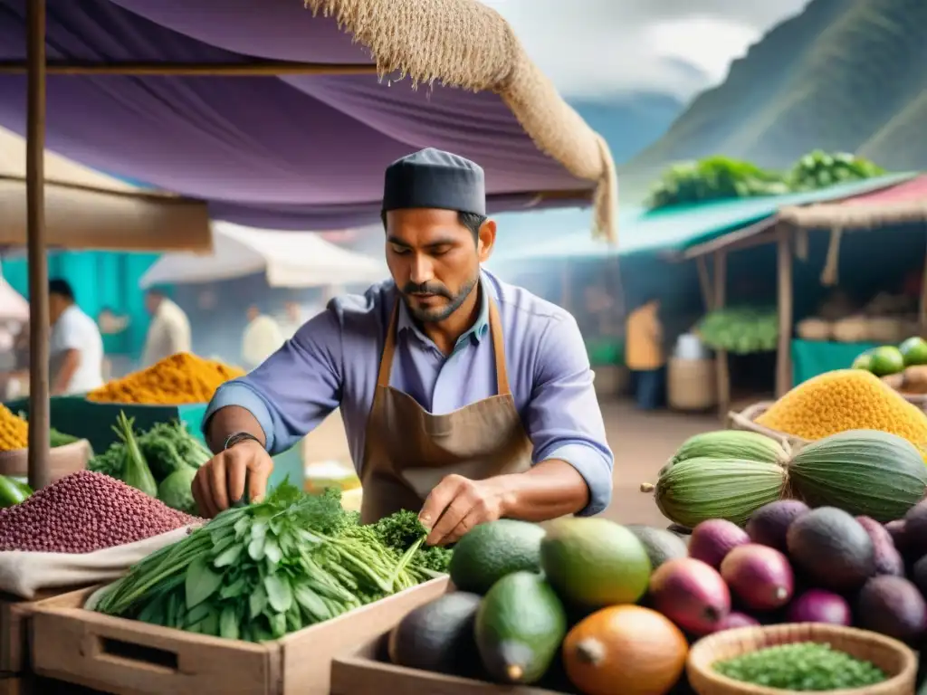 Chef valorando ingredientes locales peruanos en un mercado vibrante bajo la cálida luz del sol