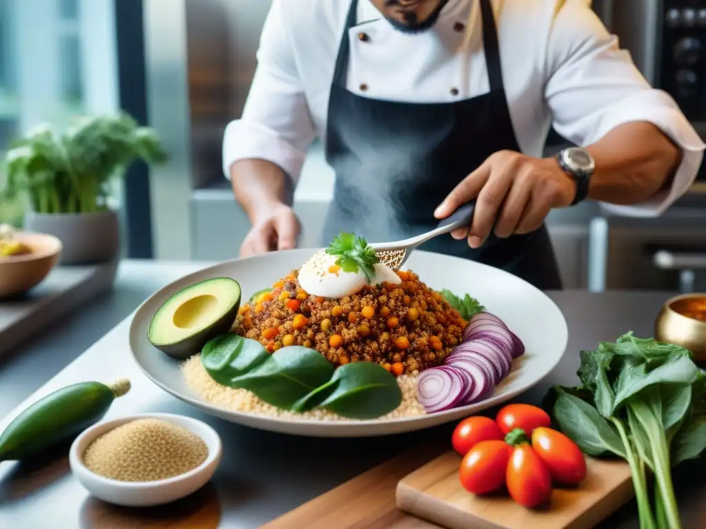 Chef fusionando ingredientes peruanos y asiáticos, creando una mezcla armónica en cocina moderna