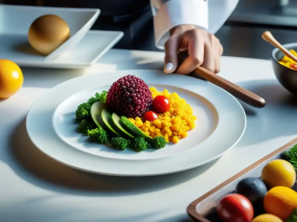 Un chef arregla ingredientes vibrantes en un plato blanco, creando una composición impresionante