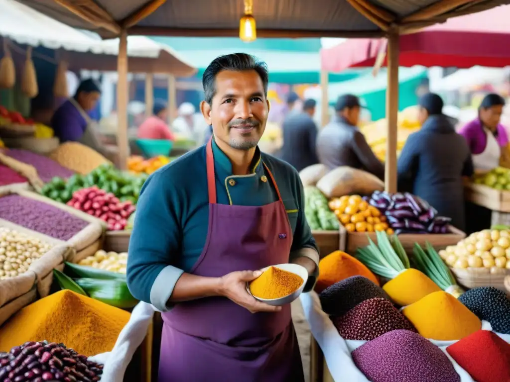 Chef Jaime Pesaque inmerso en la Gastronomía peruana, rodeado de ingredientes autóctonos en un mercado vibrante de Perú