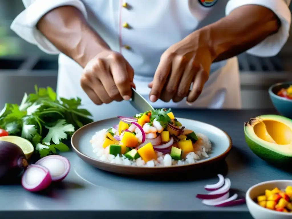 Un chef innovador preparando ceviche con mango, aguacate y cebolla roja en una cocina moderna