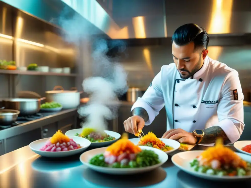 Chef innovador usando pisco en cocina, creando ceviche colorido en cocina moderna