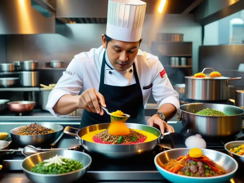 Un chef preparando un innovador plato peruano en una bulliciosa cocina de Lima, con sabores innovadores y utensilios variados