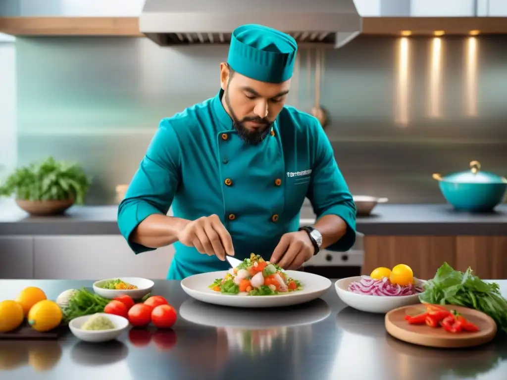 Un chef internacional elaborando ceviche peruano en cocina moderna