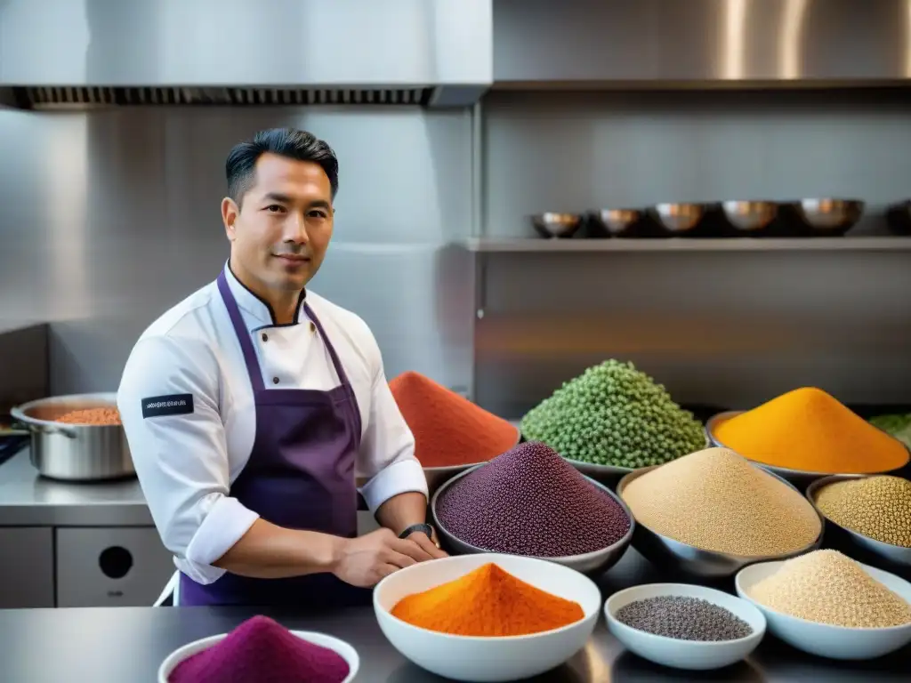 Chef internacional inspecciona ingredientes andinos en cocina moderna