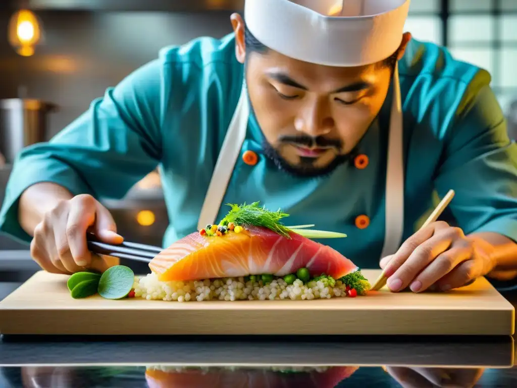 Un chef japonés-peruano experto prepara un plato nikkei en una animada cocina limeña