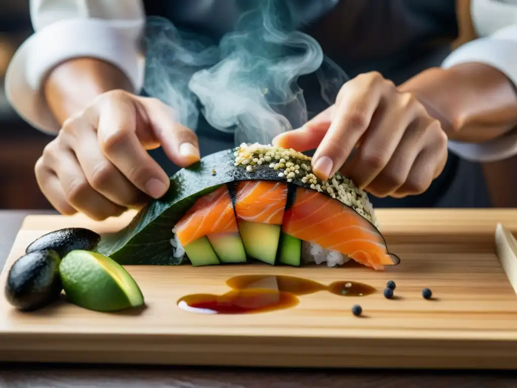 Un chef japonés-peruano crea sushi con ingredientes frescos en una cocina bulliciosa