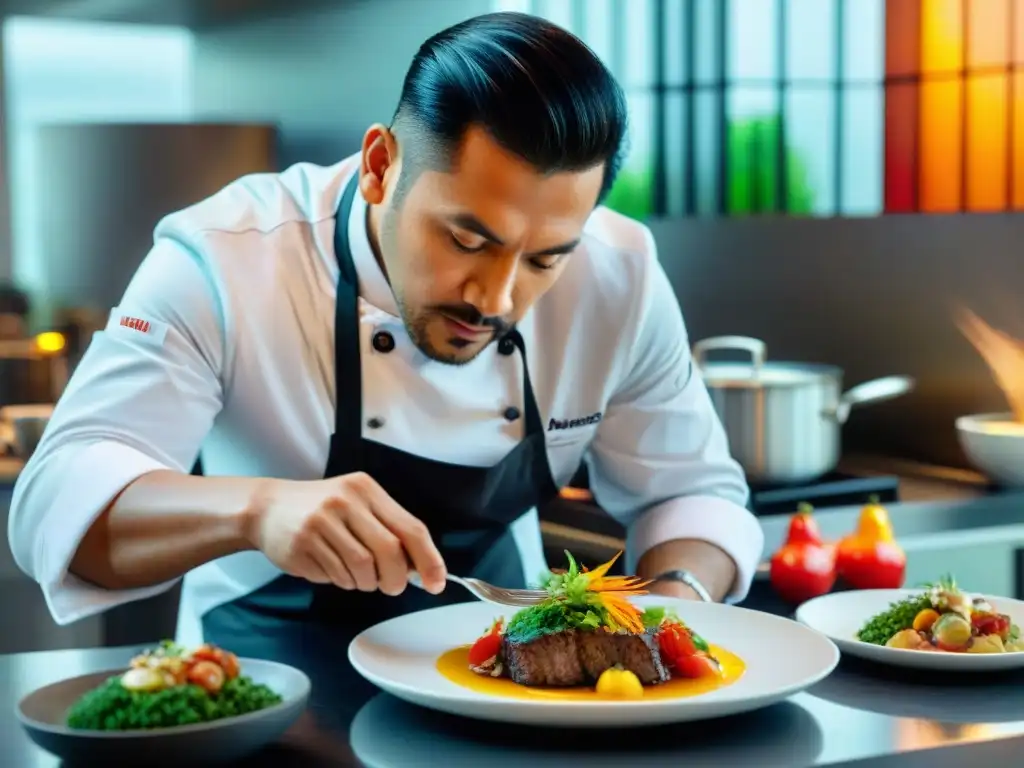 Un chef limeño prepara un almuerzo gourmet en un estudio de cocina moderno y elegante