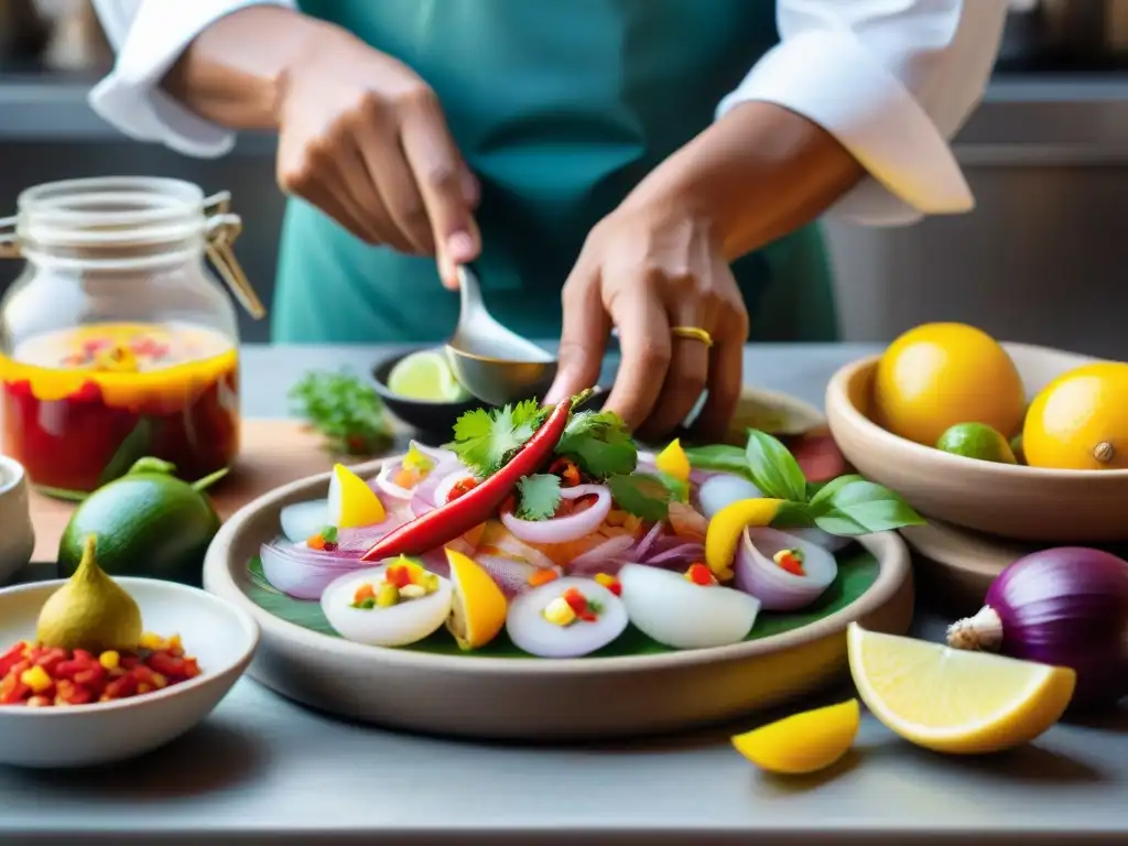 Un chef limeño prepara ceviche con ingredientes autóctonos en una cocina casera, mostrando la maestría culinaria