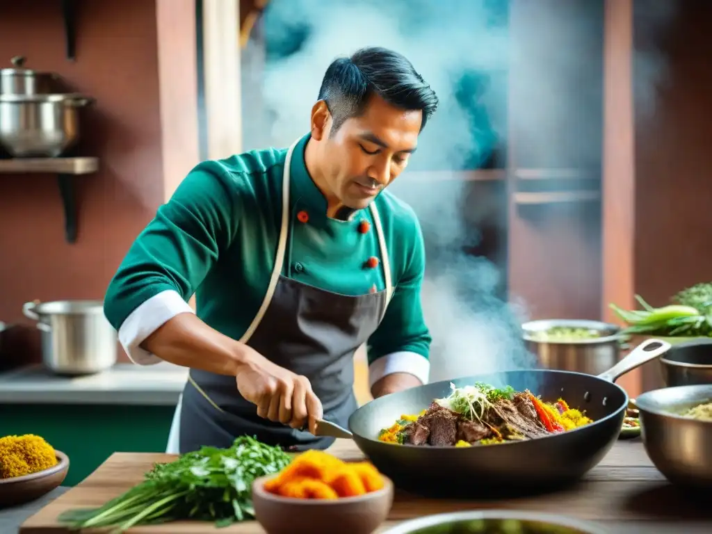 Un chef limeño prepara un plato tradicional en una cocina rústica llena de ingredientes coloridos