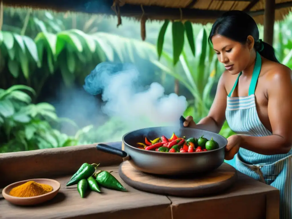 Un chef local preparando ingredientes exóticos en una cocina tradicional peruana en la selva amazónica