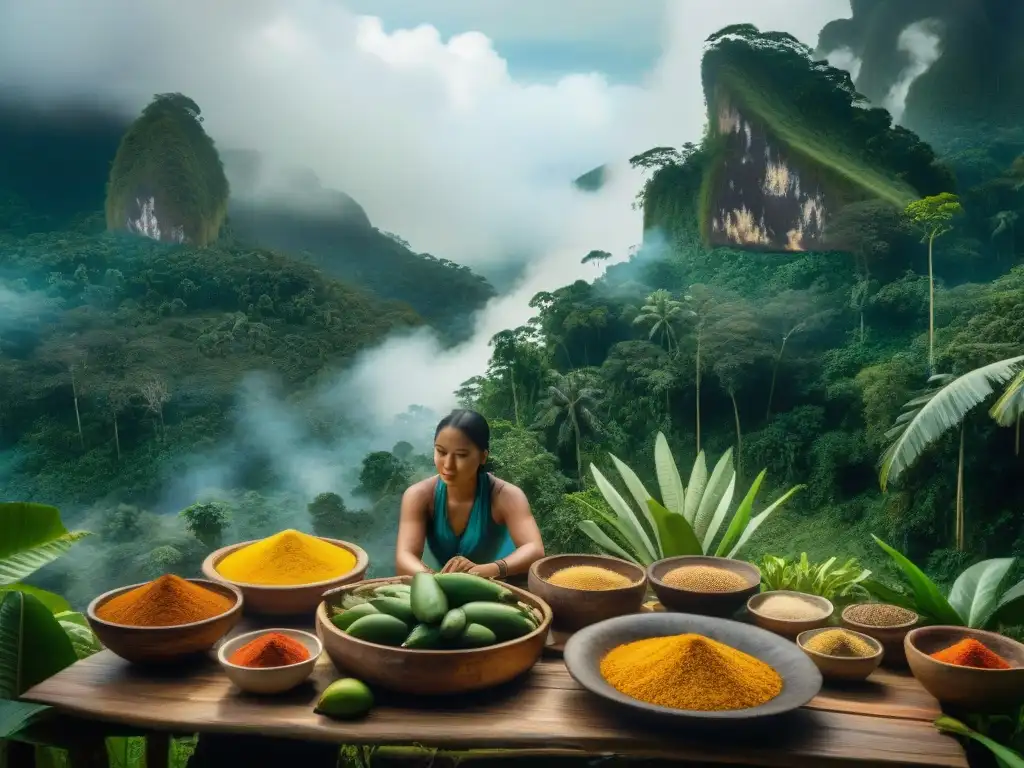 Chef amazónico preparando platos autóctonos en la selva Un chef local prepara platos amazónicos mientras la comunidad observa