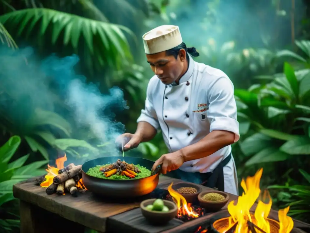 Chef local en la selva amazónica preparando un plato peruano tradicional sobre fuego abierto, rodeado de ingredientes exóticos