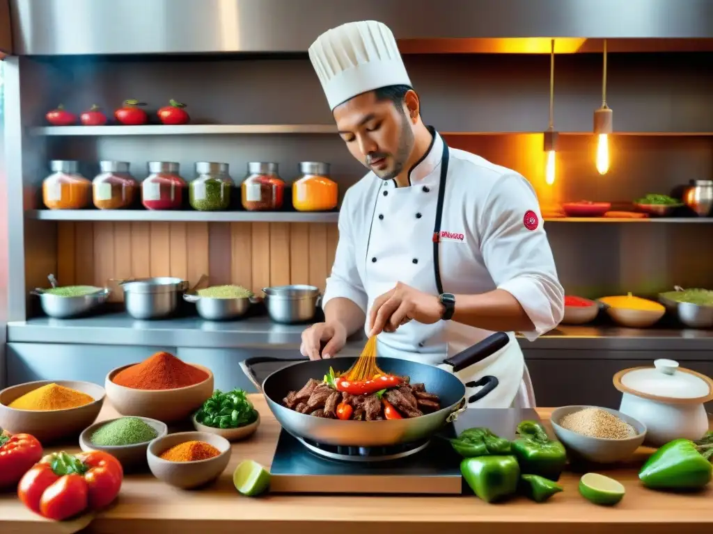 Un chef prepara un Lomo Saltado de Alpaca en una cocina peruana tradicional