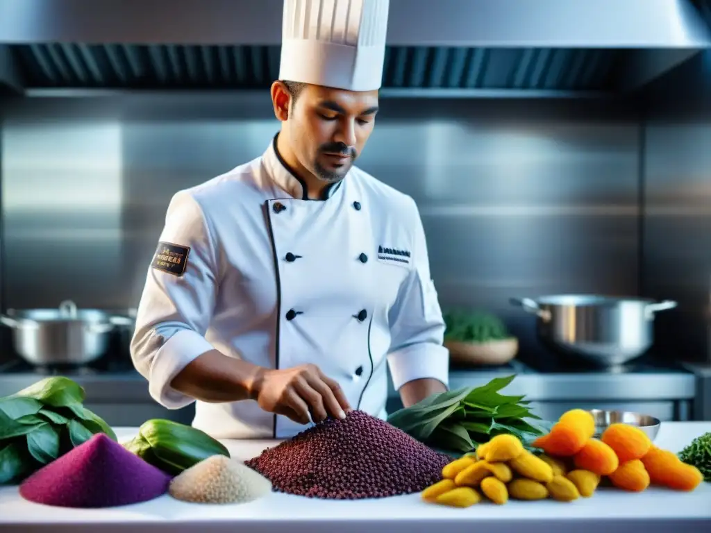 Un chef maestro en una cocina peruana moderna, creando platos sostenibles con técnicas vanguardistas