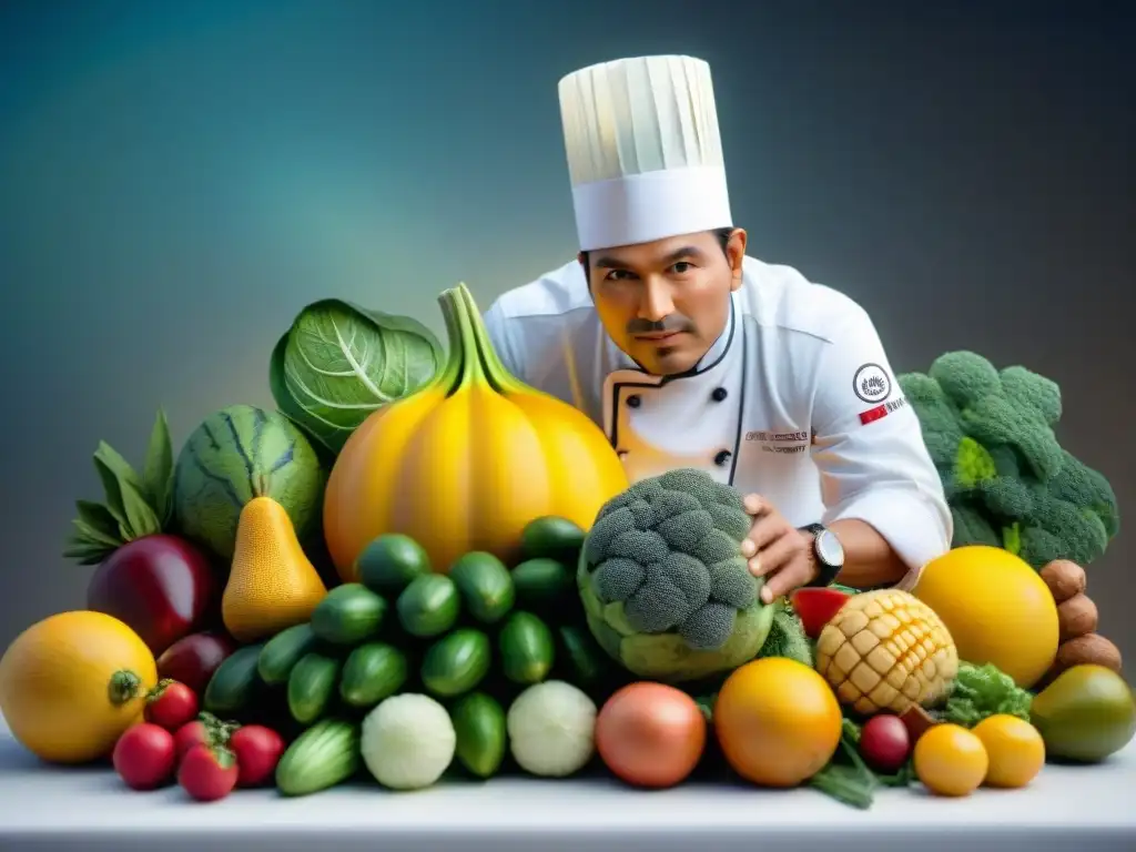 Un chef maestro tallando esculturas comestibles en vibrantes frutas y verduras peruanas