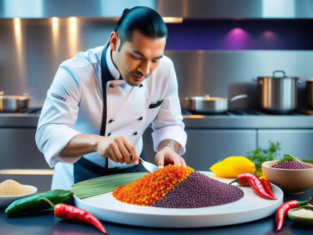 Un chef maestro fusionando la gastronomía peruana tradicional con técnicas innovadoras en una cocina moderna de Statera