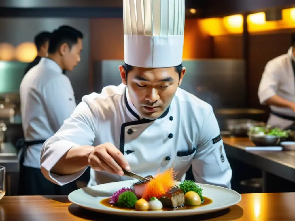 Un chef en Maido restaurante cocina nikkei Perú, creando con precisión un plato colorido y detallado, rodeado de actividad en la cocina