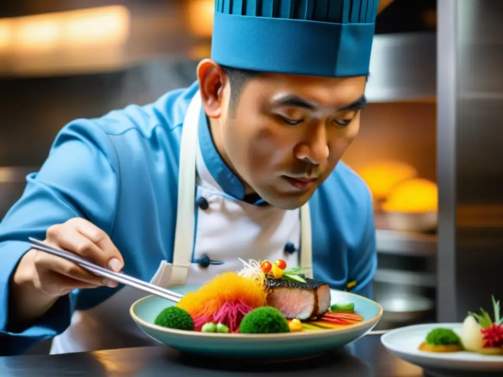 Chef Micha Tsumura en Maido restaurante cocina nikkei Perú, plato colorido y detallado