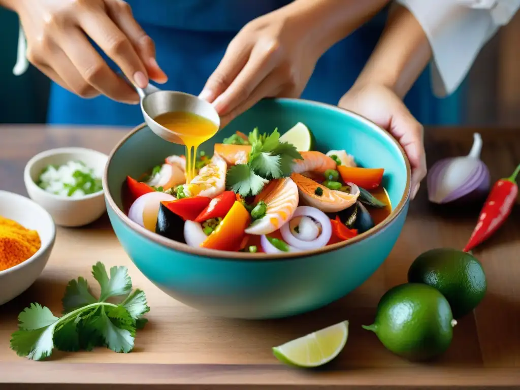 Un chef marina pescado crudo en Leche de Tigre peruana, resaltando sus ingredientes vibrantes