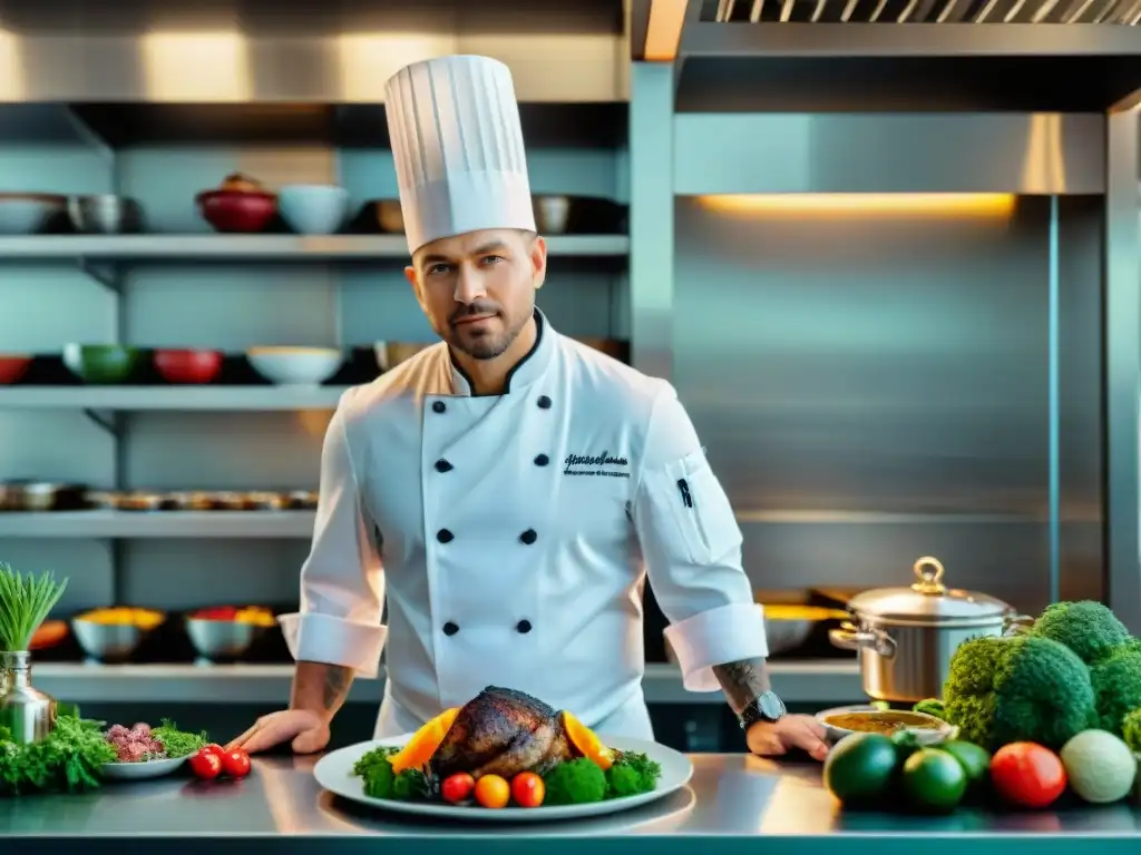 Un chef meticuloso prepara un plato colorido en una cocina profesional