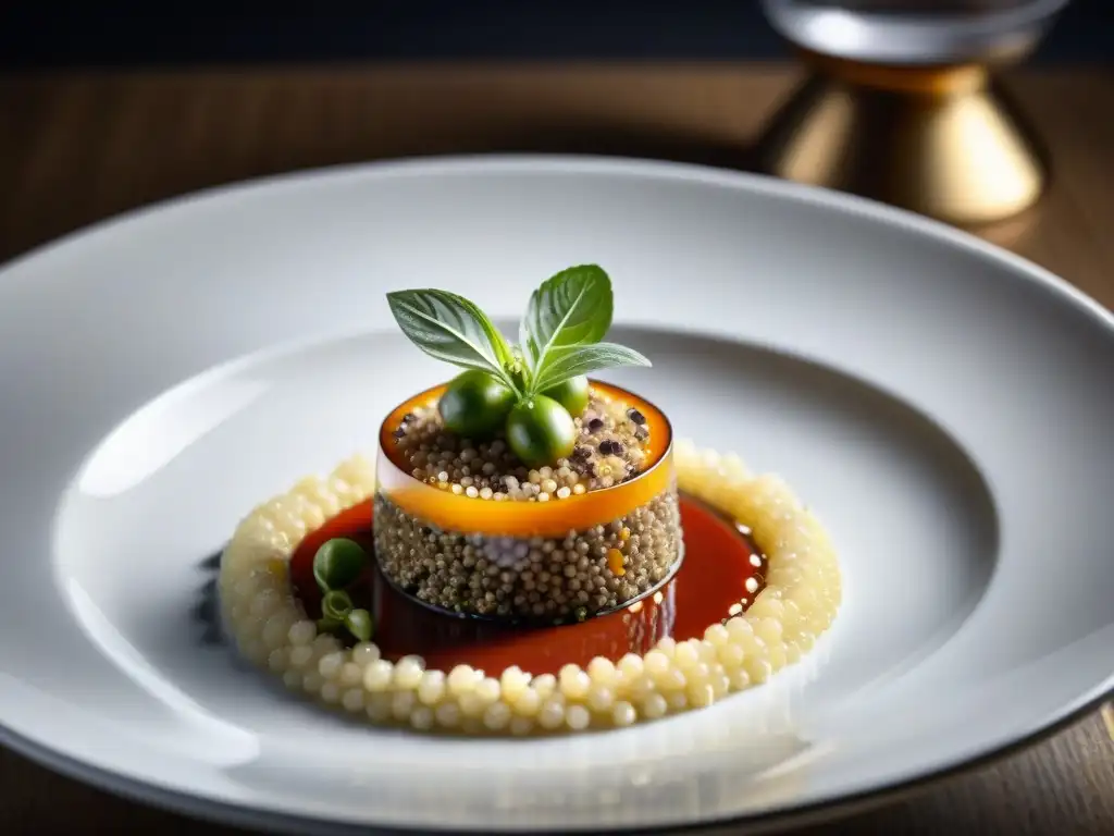 Un chef Michelin estrellado creando un lujoso plato con quinua, en un ambiente de alta gastronomía y lujo