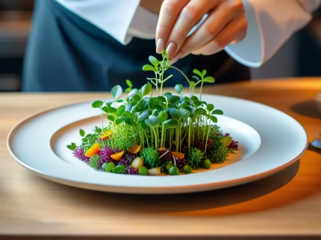 Un chef coloca meticulosamente microgreens en un plato de comida vibrante, destacando la importancia del emplatado en gastronomía