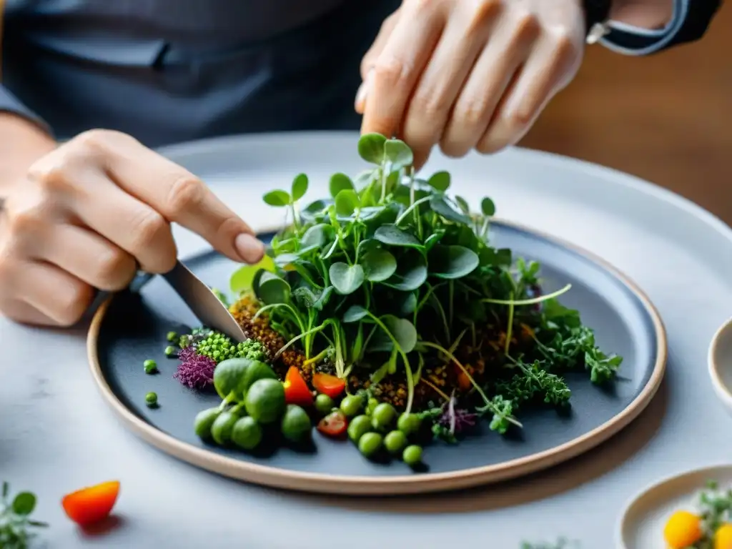 Un chef coloca microgreens con precisión en un plato, resaltando la importancia del emplatado en gastronomía