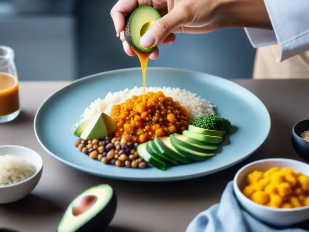 Un chef elabora una moderna receta tacu tacu fusionando ingredientes coloridos en una cocina profesional