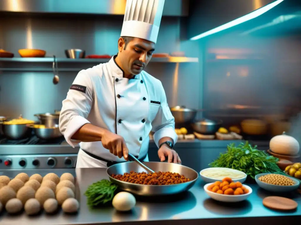 Un chef moderno prepara Carapulcra con técnica precolombina de cocción en cocina contemporánea